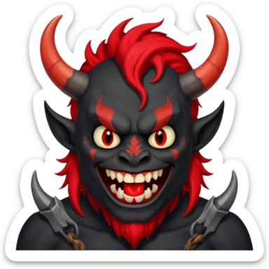 демон с чёрной как уголь кожей, красными клыками, двумя красными рогами торчащими у него изо лба, красной гривой и глазами смеётся (рядом текст "Ха-Ха") sticker