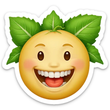 yellow face emoji laughing with teeth full of vegetable leaf stuck on teeth sticker