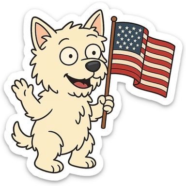 West Highland White Terrier holding and waving an American flag, flat toon cartoon style sticker
