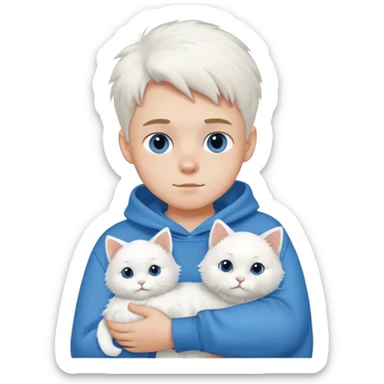 A boy in a sweatshirt holding a white cat sticker