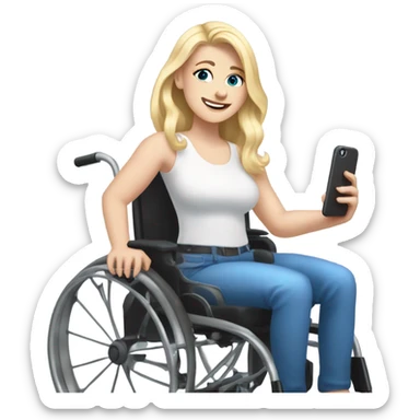 Screaming white girl with blonde hair and blue eyes in wheel chair taking selfies with iPhone sticker