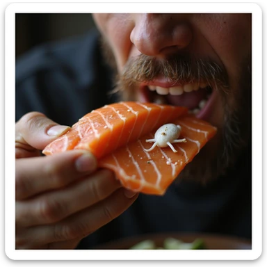 realistic 4K image of a man eating raw salmon sushi with a close-up detail showing white parasites inside the salmon slice sticker