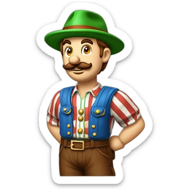 bavarian octoberfest visitor in super mario style. With a green hat, blue and white stripes shirt and brown leather pants.  sticker