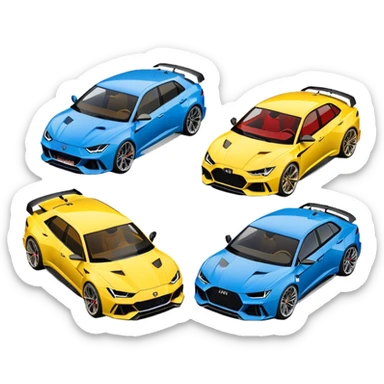 three cars lineup front profile forming a semi circle with a lamboghini svj an bmw m140i and a audi rs6 sticker