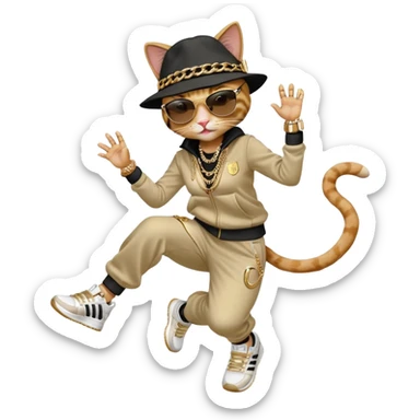 female cat jumping, Run DMC hip-hop outfit, tracksuit, fedora, Adidas sneakers, dark sunglasses, many gold chains, bling accessories rings bracelets earrings sticker
