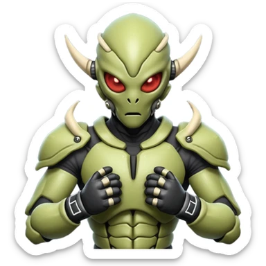 insectoid alien MMA fighter portrait, head and shoulders only, armored exoskeleton skin, sharp eyes, combat gloves, aggressive stance, 3D cartoon, mobile game icon style, clean background, no text, no watermark
 sticker