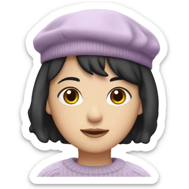 korean girl short black hair sharp jawline, attractive wearing a lilac sweater and beret sticker