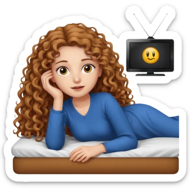 garota branca com olhos castanhos claros e cabelo cacheado longo da mesma cor dos olhos, deitada na cama assistindo tv  sticker