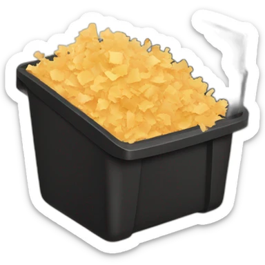 Black cubic plastic container with wood shavings inside sticker