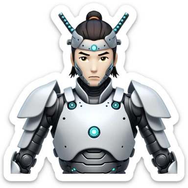 cyborg male samurai with robotic limbs and glowing cybernetic enhancements sticker
