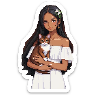 beautiful girl with long black hair wearing a white dress holding an Abyssinian cat with reddish-brown fur in her arms sticker