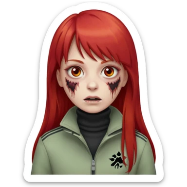Crie um emoji de uma menina zumbi  com o cabelo vermelho longo com uma franja reta casaco de gola alta da adidas sticker