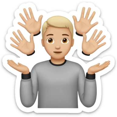 A person with their hand out like shrugging out and one hand holds a 6 one hand holds a 7 sticker