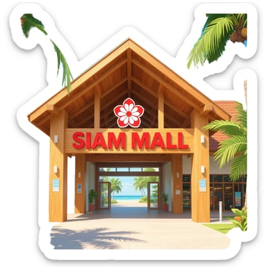 Open-air tropical shopping mall entrance with tall light-wood pillars, large triangular wooden roof structure, red and white flower logo above the entrance, ‘SIAM MALL’ sign in red letters, warm wood tones, sunny island atmosphere, clean simple emoji-style illustration. sticker