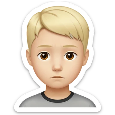 "- Nam
- 10 tuổi
- Da trắng
- Tóc ngắn, vàng, vuốt undercut gọn gàng
- mặt nghiêm túc
" sticker