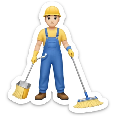 Custodian with yellow rubber gloves, blue overalls mopping floor sticker