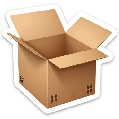 empty cardboard box, open top, brown color sticker