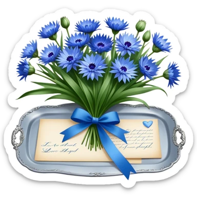 A beautifully ornate silver tray holding a bouquet of soft blue cornflowers and a love letter tied with a green ribbon. sticker