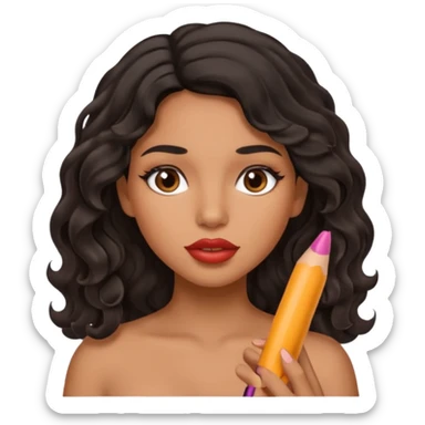 Latina girl with lip liner on her lips and black wavy hair holding a dick sticker