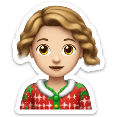 White girl with long brown hair wearing Christmas pajamas sticker