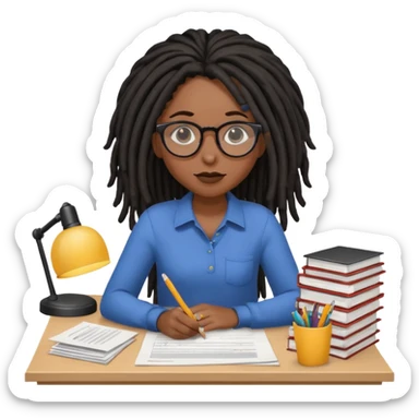 Black female with dark dreadlock hair and large round glasses with a desk full of papers sticker