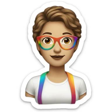 brown hair white woman with rainbow glasses sticker