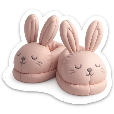 pair of bunny slippers with floppy ears and embroidered eyes, cozy and rounded, pastel palette, cushion style sticker