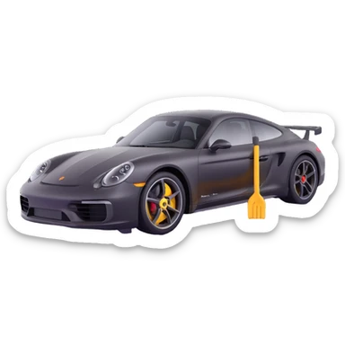 Porsche luxury car with a visible dent from a crash, dent repair tools like a lever and small hammer, elegant and modern sticker