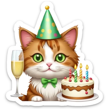 tricolor fluffy cat with big green eyes celebrating her birthday with a cake and champagne sticker
