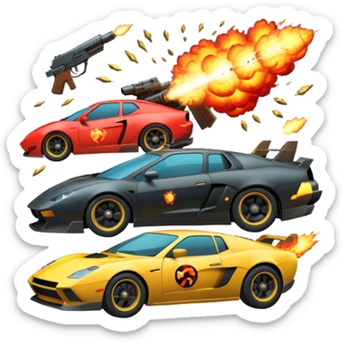 Icon for Action Movies: Close-up collage with dynamic explosions, guns, fast cars, and heroic figures in action poses. Include iconic weapons, dramatic lighting, and high-energy scenes that capture the essence of action films. Vibrant colors and intense motion. Transparent background. sticker