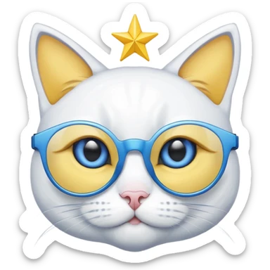 White cat with yellow eyes wearing start glasses that’s blue sticker
