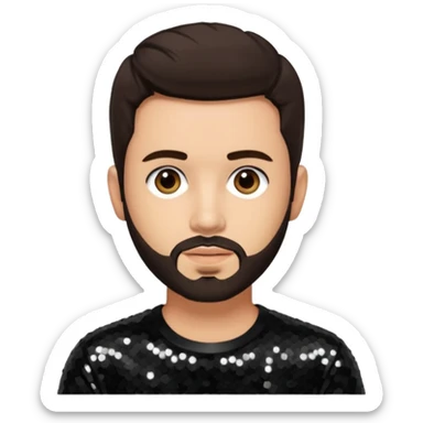 Frankie Zulferino, Pop Singer (b.1990) with dark brown hair and short beard, black sequin outfit, light tan skin sticker