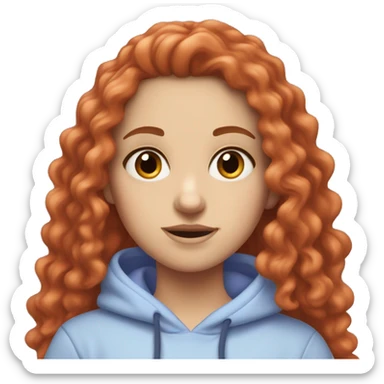 a white girl with long red curly hair, wearing a pastel periwinkle hoodie doing a pose sticker