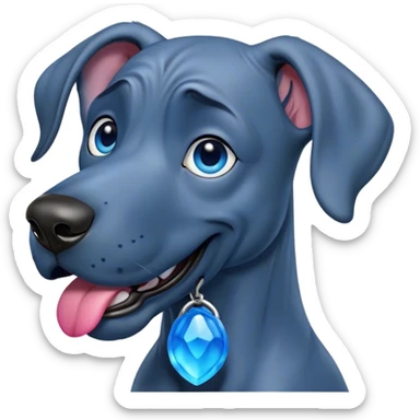 Cinematic Comical Blue Great Dane Portrait Emoji, Head tilted dramatically with an exaggeratedly amused expression, featuring a striking blue Fur with a glossy finish, wide, expressive steel-blue eyes filled with playful disbelief, Simplified yet hilariously expressive features, highly detailed, glowing with a slightly sassy glow, high shine, dramatic yet playful, stylized with an air of cheeky charm, bright and endearing, soft glowing outline, capturing the essence of a spirited and over-the-top guardian, so meme-worthy it feels like it could side-eye its way into internet fame instantly! sticker
