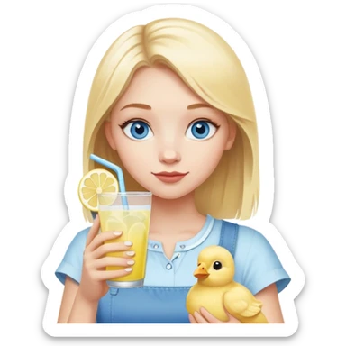 a blonde girl with blue eyes holding a chick-fil-a lemoanade sticker