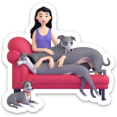 Very thin Chinese woman with long black hair relaxing in a luxurious hotel suite with exactly ONE whippet dog. EXTREME IMPORTANCE: the whippet must be ONE SOLID MEDIUM GREY COLOR (not too dark, not too light) from nose to tail with ABSOLUTELY NO WHITE MARKINGS anywhere - NO white on face, NO white on muzzle, NO white on chest, NO white on paws, NO white on tail - NOTHING BUT A SINGLE SHADE OF MEDIUM GREY throughout the entire animal sticker
