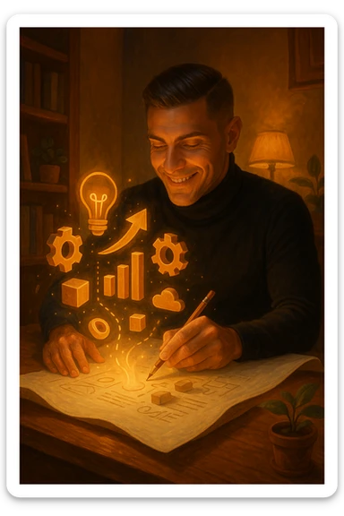 Un uomo concentrato, seduto alla sua scrivania in una stanza con luce calda, sta scrivendo su un enorme foglio di carta che si espande magicamente davanti a lui. Mentre scrive, le parole si trasformano in elementi visivi tridimensionali che rappresentano le soluzioni ai suoi problemi sticker