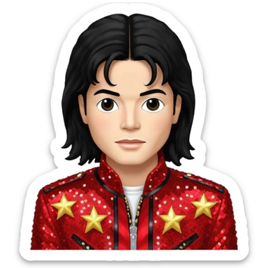 Michael Jackson with black long hair, red sequin jacket, black shirt, light skin sticker