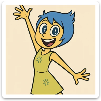 Joy from Inside Out, energetic pose, sparkling eyes, cartoon style sticker
