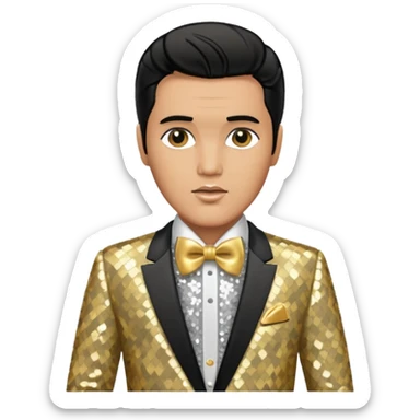Elvis Presley with silver sequin shirt with gold bow tie, gold sequin suit sticker