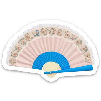 Rococo hand fan pale pink and blue and beige with lace sticker