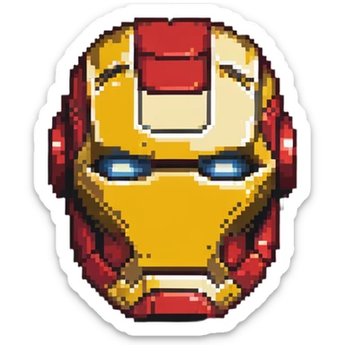 Iron Man face helmet in pixel art style, red and gold superhero mask sticker
