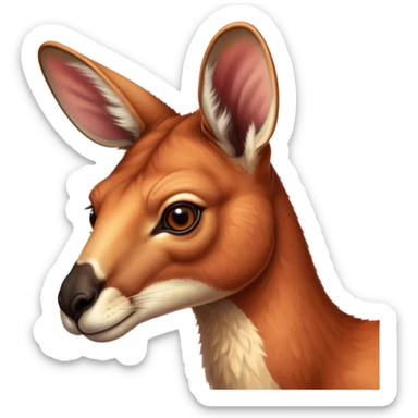 Cinematic Noble Adult Red Kangaroo Portrait Emoji, Poised and regal, with a robust, muscular build, tawny reddish fur, and a distinctive red kangaroo-shaped head featuring a slightly elongated snout, prominent ears, and keen, observant eyes, Simplified yet sharp and sophisticated features, highly detailed, glowing with a warm, sunlit glow, high shine, intelligent and commanding, stylized with an air of outback authority, focused and vigilant, soft glowing outline, capturing the essence of a watchful guardian that seems ready to bound out of the screen with effortless power! sticker