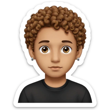 caramel skin boy with color bear brown curly hair with fade on the sides and thick eyebrows with a black shirt and small stud earrings with black colored eyes and a cheek mole sticker