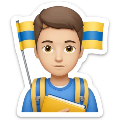 student with Ukrainian flag colors, backpack and books sticker