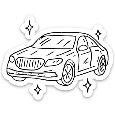 hand-drawn outlined icon of a luxury car, glossy black with multiple small stars and strong reflections, impeccable perfectly clean finish, clean and modern sticker