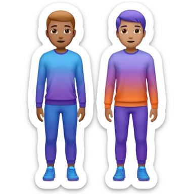 Keep the two male characters realistic, no simplification. Recolor their clothes into the gradient palette (blue, violet, orange), matching the style of the travel emoji pack. White or transparent background. sticker