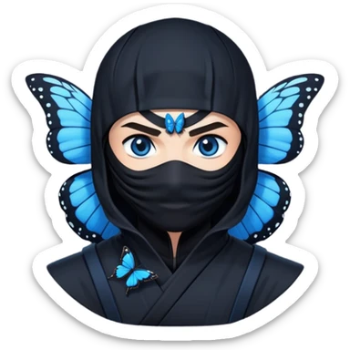 Emoji para usar en WhatsApp con estos dos emoji 🥷🏻 🦋.
Ninja vestido de negro con los ojos negros y con la piel blanca y una mariposa azul posada en su hombro izquierdo como si la mariposa estuviera volando en el hombro. sticker