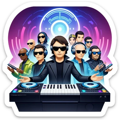 Icon for Electronic Music: Jean-Michel Jarre, Moby, DJ Tiesto, and Jorn van Deynhoven performing with synthesizers, turntables, and futuristic lighting effects. The design should evoke the vibrant and immersive atmosphere of electronic music festivals. Transparent background. sticker