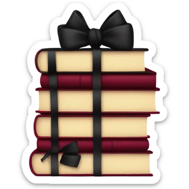 dark red Books stacked up and tied together by a black bow sticker